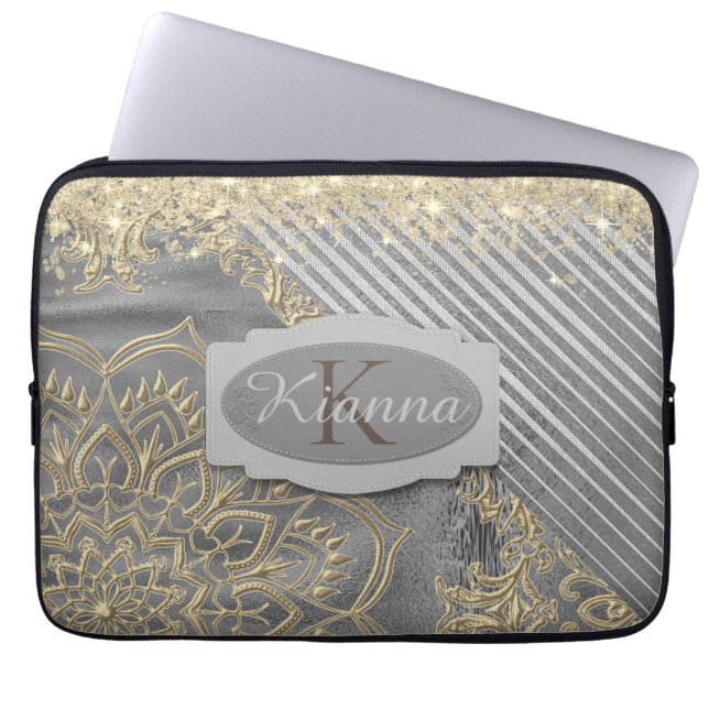 Capa Para Notebook Monograma Dourado do Lotus Mandala Glitter (Frente)