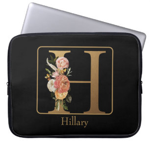 Capa Para Notebook Monograma Dourado Floral em Preto com Nome