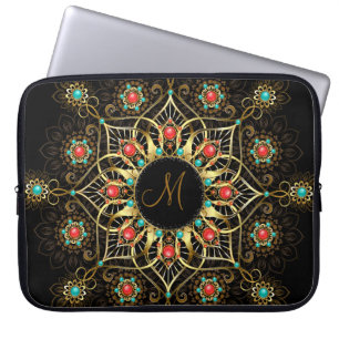 Capa Para Notebook Monograma Dourado Turquoise Red Mandala