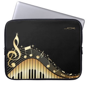 Capa Para Notebook Monograma Elegante Black E Dourado Music Notes Des