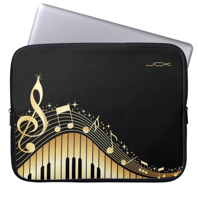 Capa Para Notebook Monograma Elegante Black E Dourado Music Notes Des (Frente)
