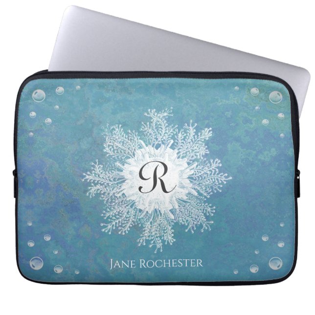 Capa Para Notebook Monograma Elegante de Coral Marinho Azul-Verde (Frente)