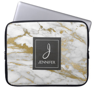 Capa Para Notebook Monograma elegante de mármore Dourado e branco
