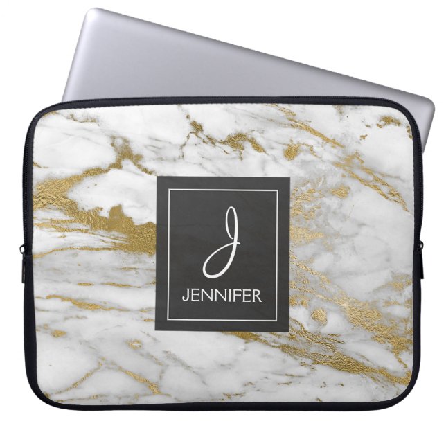 Capa Para Notebook Monograma Elegante Dourado e branco de mármore (Frente)