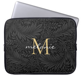 Capa Para Notebook Monograma Elegante em Preto e Dourado com Floral e