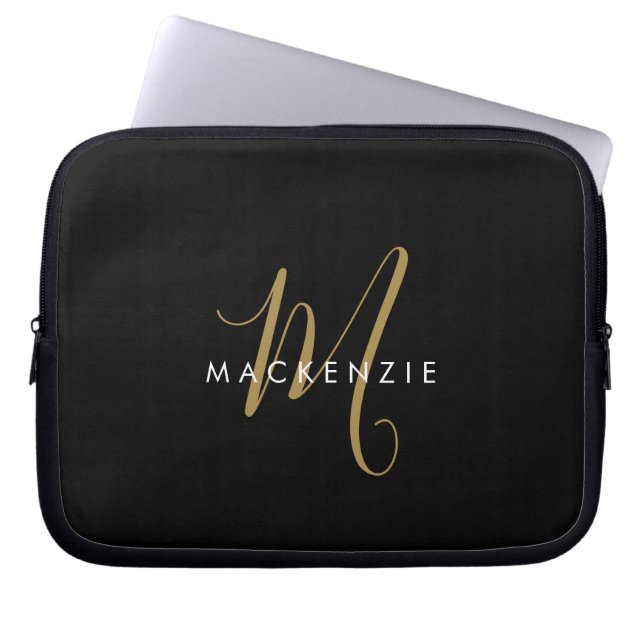 Capa Para Notebook Monograma Elegante Moderno em Preto e Dourado com  (Frente)