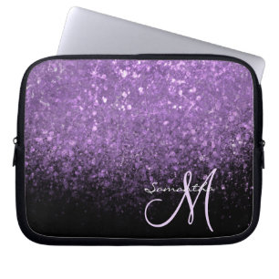 Capa Para Notebook Monograma Feminina com Purpurina Roxa e Preto 