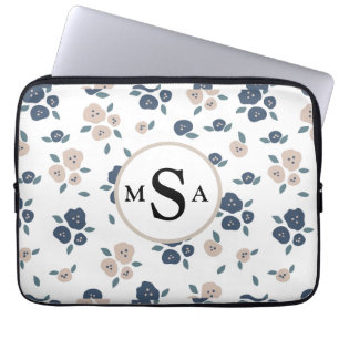 Capa Para Notebook Monograma Floral Azul Bege Casa de Campo