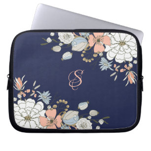 Capa Para Notebook Monograma Floral Azul Cor-de-rosa-marinho Personal