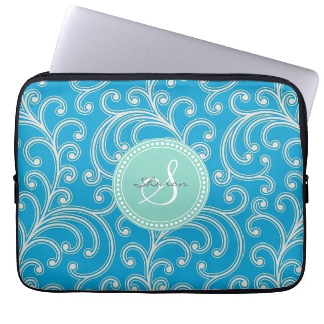 Capa Para Notebook Monograma floral azul feminino elegante do teste (Frente)