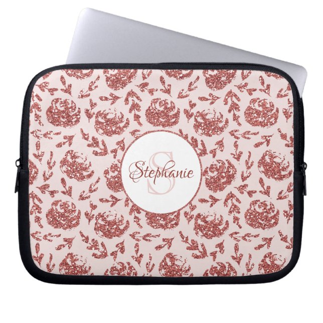 Capa Para Notebook Monograma Floral com rosa Dourado Glitter Personal (Frente)