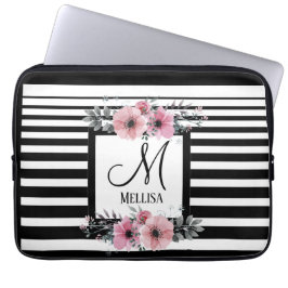 Capa Para Notebook Monograma Floral Cor-de-rosa com faixas brancas e 