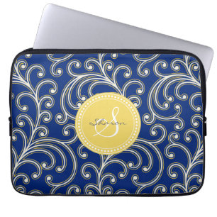 Capa Para Notebook Monograma floral do teste padrão dos azuis