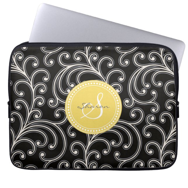 Capa Para Notebook Monograma floral preto feminino elegante do teste (Frente)