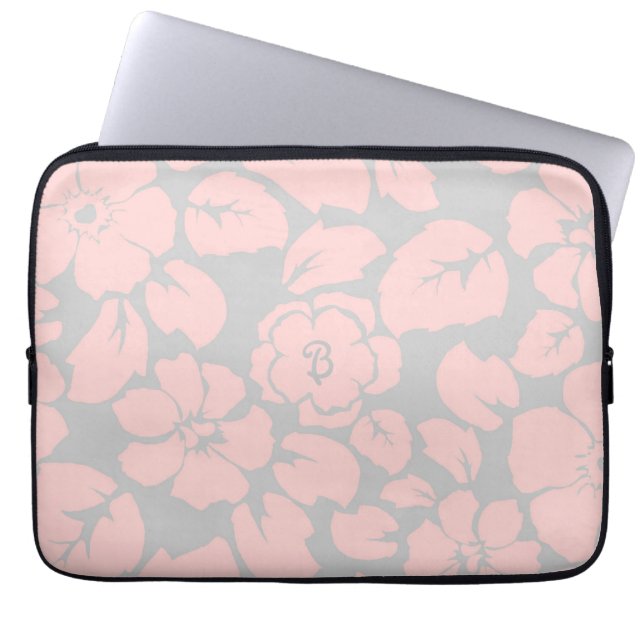 Capa Para Notebook Monograma Floral Rosa Pastel e Cinza (Frente)