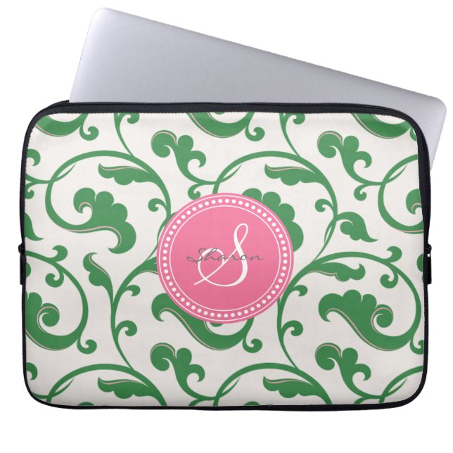 Capa Para Notebook Monograma floral verde feminino elegante do teste (Frente)