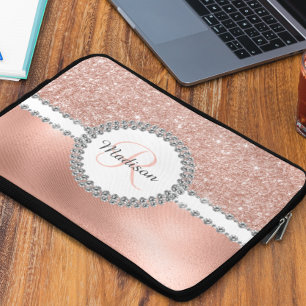 Capa Para Notebook Monograma Glamour Diamante Brilho Dourado Rosa