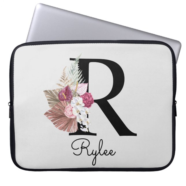 Capa Para Notebook Monograma Inicial R Rosa Boho Girly Floral (Frente)