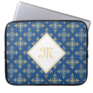 Capa Para Notebook Monograma luxuoso azul e Quatre Dourado floral