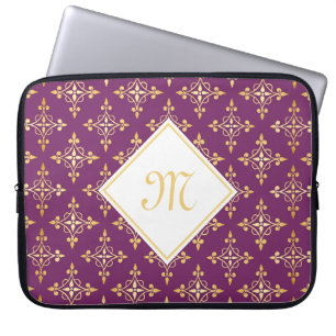 Capa Para Notebook Monograma luxuoso roxo e Quatre Dourado floral