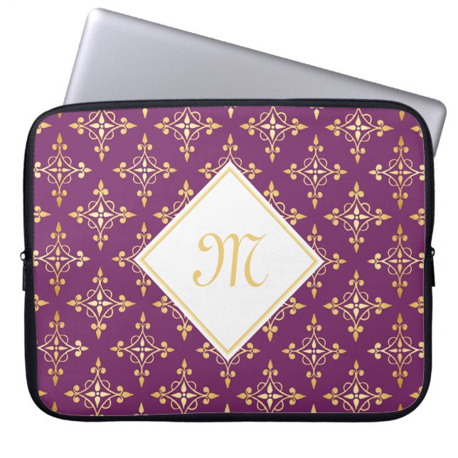 Capa Para Notebook Monograma luxuoso roxo e Quatre Dourado floral (Frente)