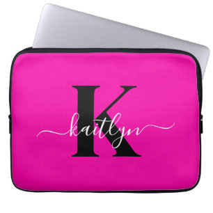 Capa Para Notebook Monograma Moderna em Preto e Rosa Choque