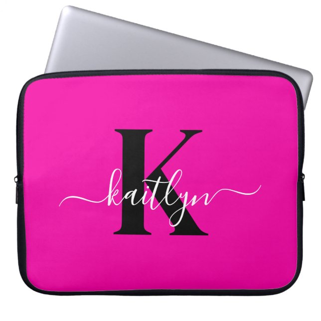 Capa Para Notebook Monograma Moderna em Preto e Rosa Choque (Frente)