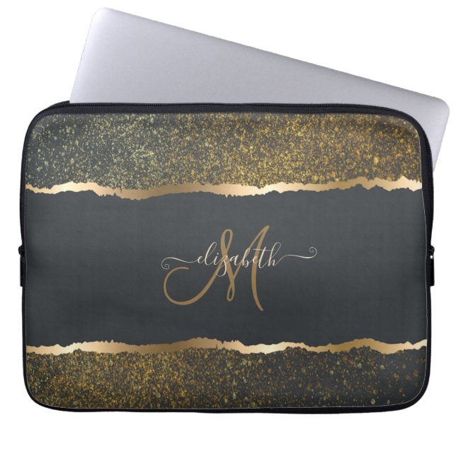 Capa Para Notebook Monograma Moderno Elegante com Toque Dourado (Frente)