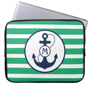 Capa Para Notebook Monograma náutico verde da âncora