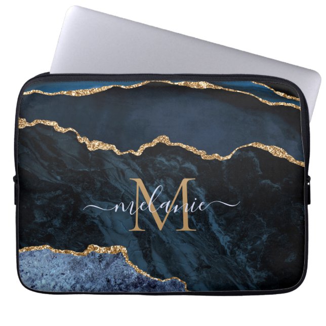 Capa Para Notebook Monograma Nome Agate Marinho Azul Gemstone Marble  (Frente)