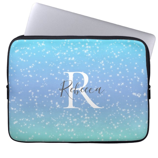 Capa Para Notebook Monograma Nome inicial Blue Green Sparkle Girly (Frente)