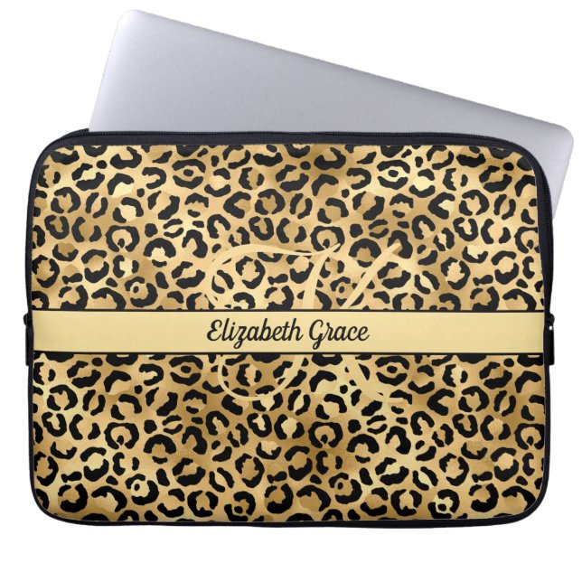 Capa Para Notebook Monograma Nome preto Leopardo-Dourado (Frente)