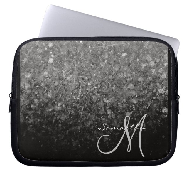 Capa Para Notebook Monograma Ombre com Brilho Prateado e Preto Modern (Frente)