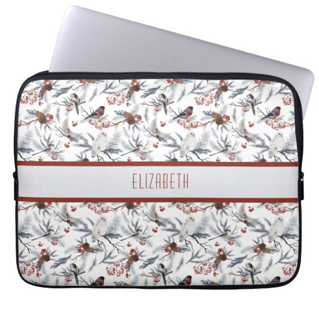 Capa Para Notebook Monograma Pássaro Branco Cinza Prata Galho Frutas  (Frente)