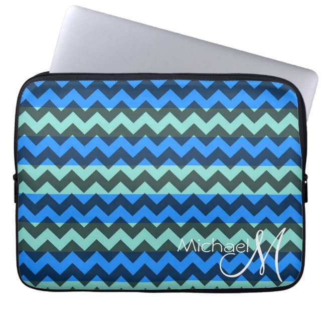 Capa Para Notebook Monograma Personalizado Azul e Verde Claro Chevron (Frente)