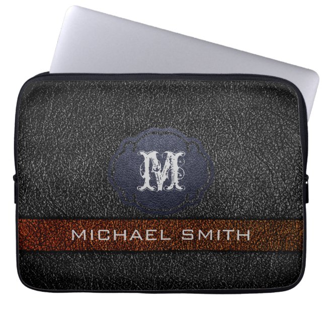 Capa Para Notebook Monograma Personalizado Couro Marrom e Preto (Frente)