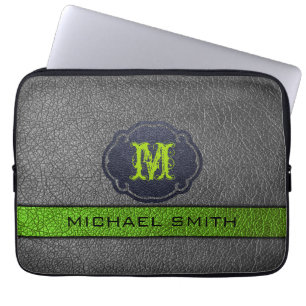 Capa Para Notebook Monograma Personalizado de Couro Verde e Preto