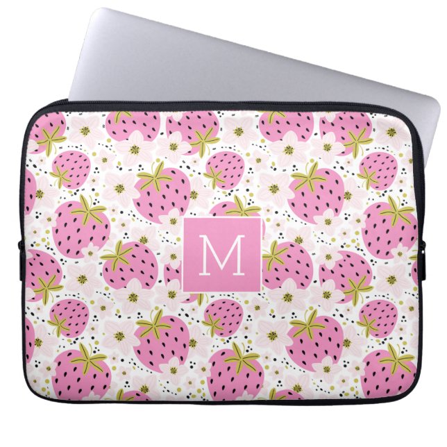Capa Para Notebook Monograma Personalizado de Morangos Rosa (Frente)