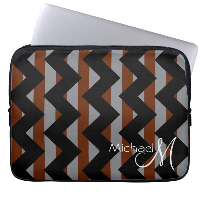 Capa Para Notebook Monograma Personalizado do Chevron Negro e Castanh (Frente)