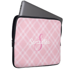 Capa Para Notebook Monograma Personalizado e Nome Xadrez Rosa Gingham