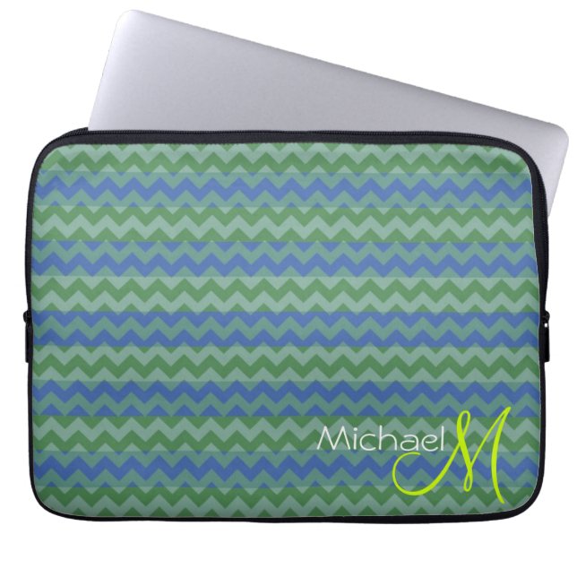 Capa Para Notebook Monograma Personalizado Verde Menta Chevron Zigzag (Frente)