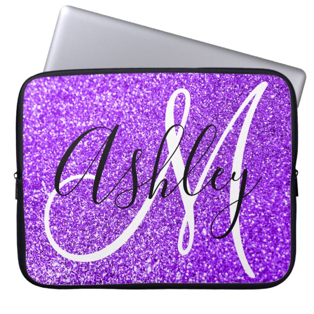 Capa Para Notebook Monograma Personalizado Violet Girly Faux Glitter (Frente)