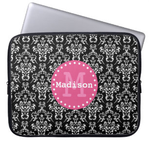 Capa Para Notebook Monograma preto branco-rosa, vitorioso, de Damasco