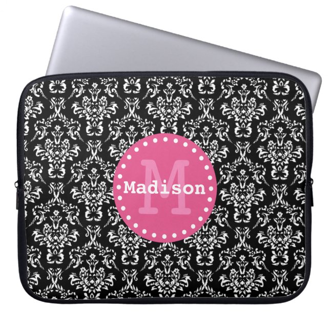 Capa Para Notebook Monograma preto branco-rosa, vitorioso, de Damasco (Frente)