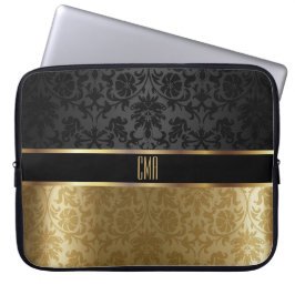 Capa Para Notebook Monograma - preto Damasco com Dourado floral