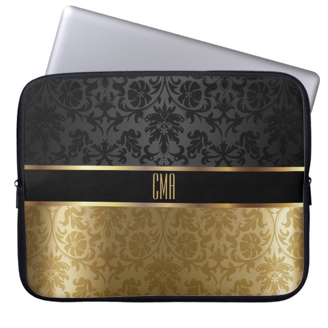 Capa Para Notebook Monograma - preto Damasco com Dourado floral (Frente)