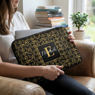 Capa Para Notebook Monograma Preto Dourado Damask Nome Personalizado