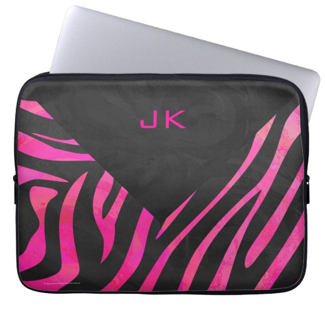 Capa Para Notebook Monograma Preto e Design de Zebra Rosa Neon (Frente)