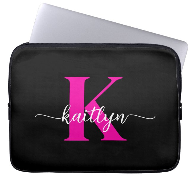 Capa Para Notebook Monograma Preto Rosa Quente (Frente)