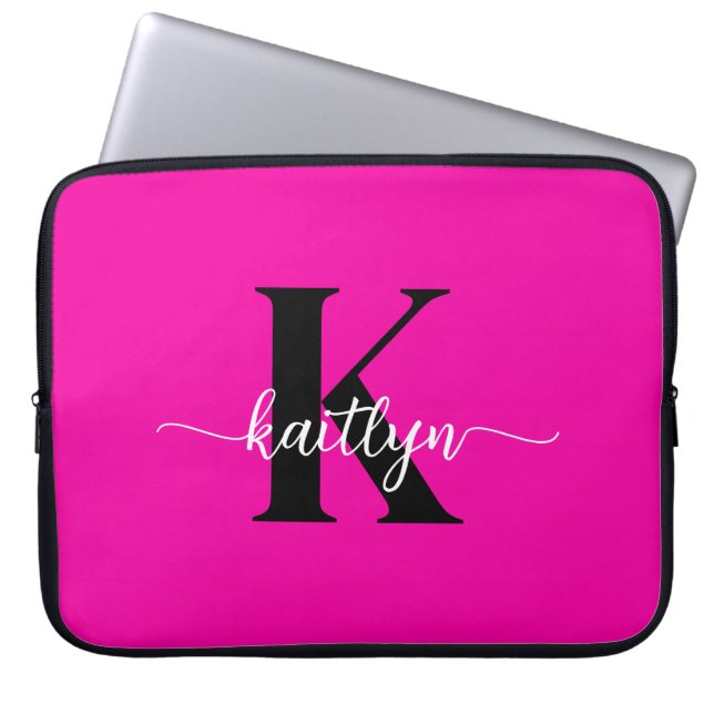 Capa Para Notebook Monograma Preto Rosa Quente (Frente)